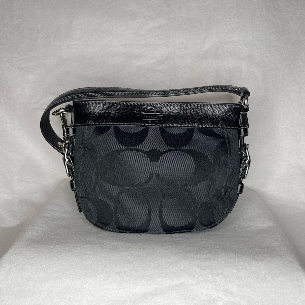 Coach Zoe Signature Top Handle Purse - Black Canvas/Leather, Blue Interior 🩵
